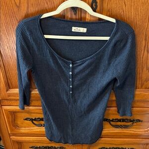 Hollister Women's Dark Blue Ribbed Long Sleeve Top
